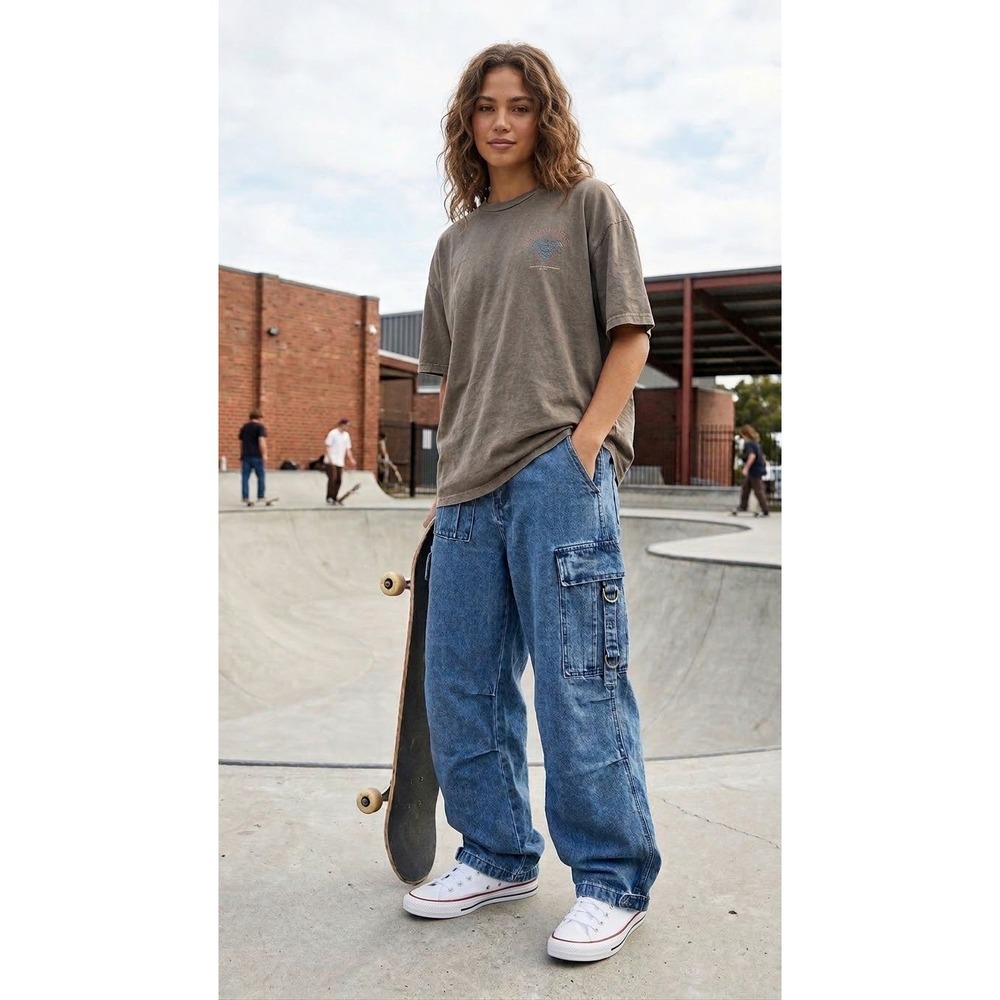 Ccye Brand Unisex Cargo Jeans Medium Wash Blue Wide Leg Skate Streetwear Unisex
